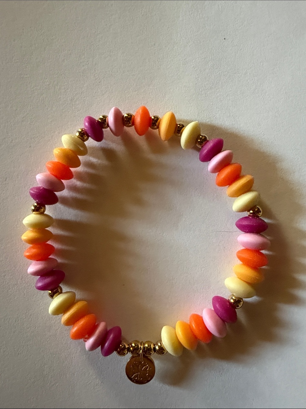 Rustic Cuff Multicolor Pink Orange Yellow Bead Bracelet with Gold Charm